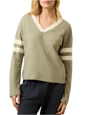 Faherty Sunwashed Long Sleeve V-Neck Shadow Varsity Green 100% Cotton Stripe Med